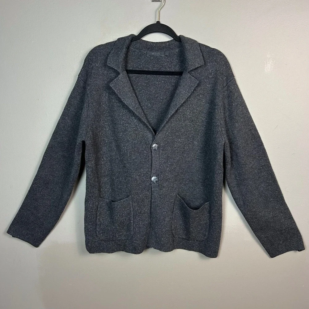 Raffi Knit Blazer Cardigan Men's Large Merino Wool Charcoal Grey Collar Pockets‎